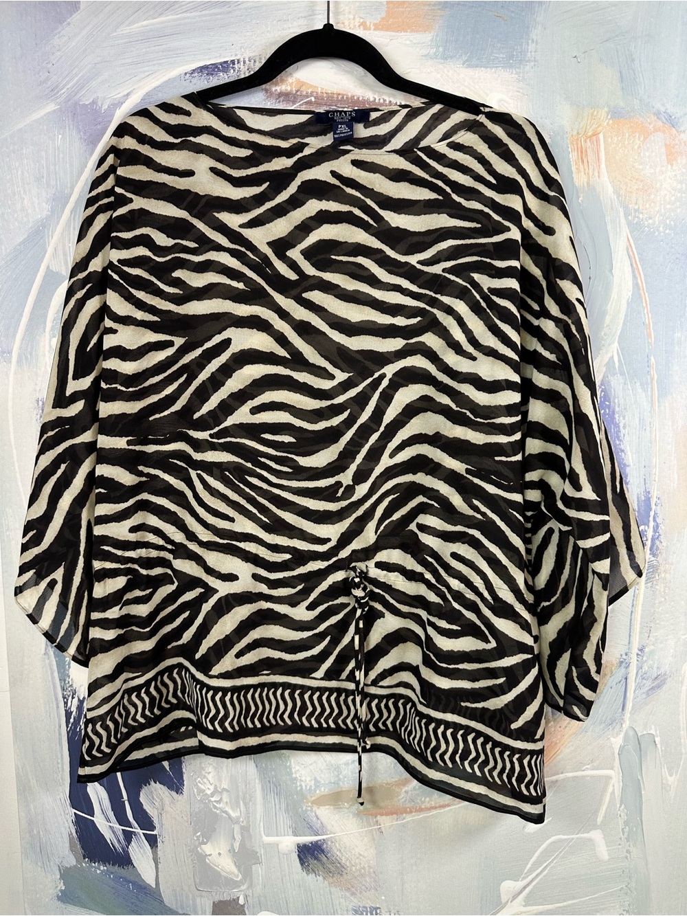 INSANE Chaps XL P Zebra Print Sheer Dolman Sleeve Drawstring Waist Blouse Top